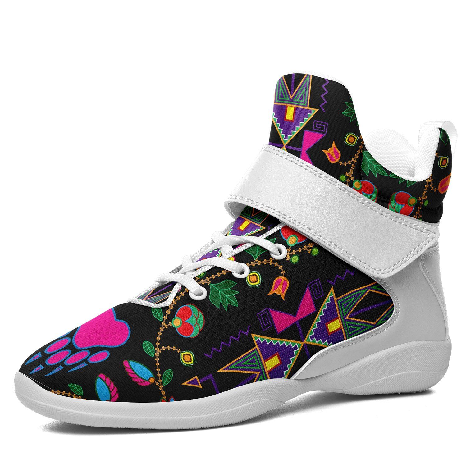 Geometric Floral Fall Black Kid's Ipottaa Basketball / Sport High Top Shoes 49 Dzine US Women 4.5 / US Youth 3.5 / EUR 35 White Sole with White Strap 