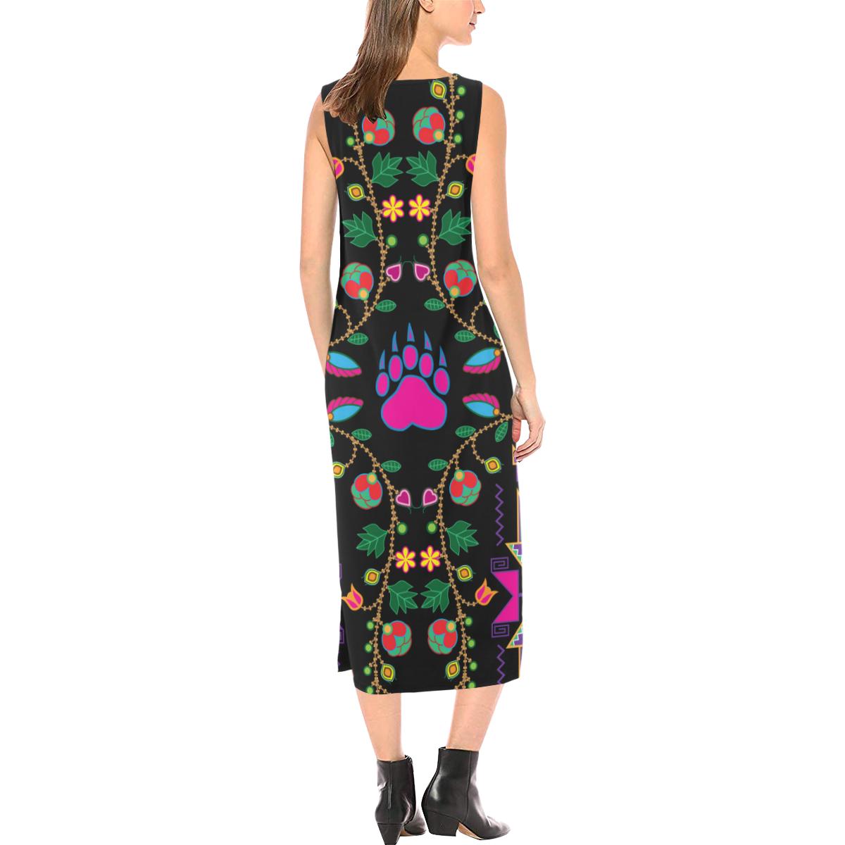 Geometric Floral Fall - Black Phaedra Sleeveless Open Fork Long Dress (Model D08) Phaedra Sleeveless Open Fork Long Dress (D08) e-joyer