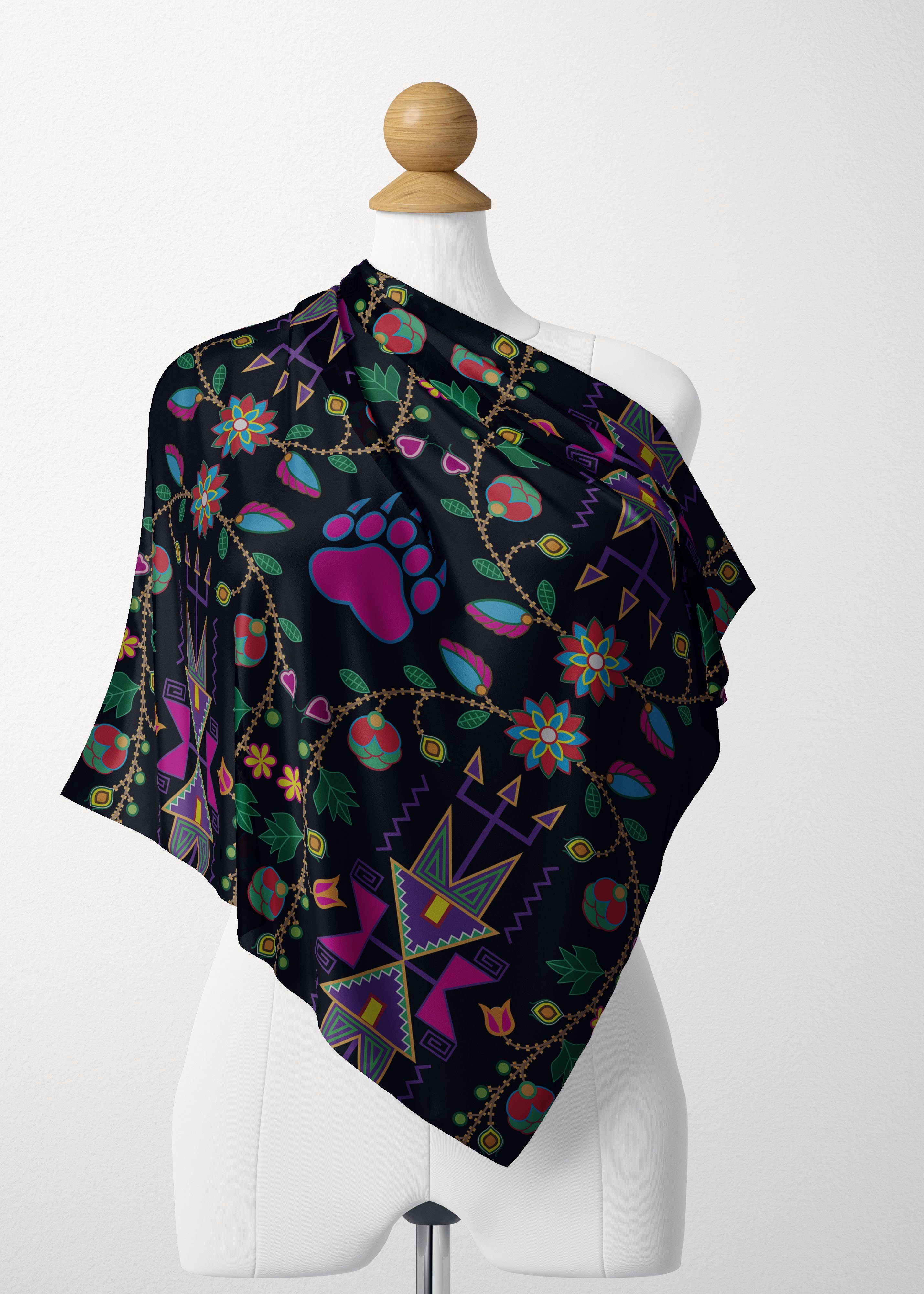 Geometric Floral Fall Black Satin Shawl Scarf 49 Dzine