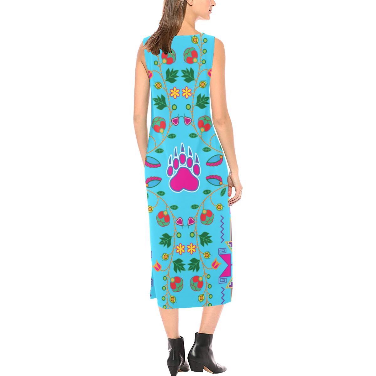 Geometric Floral Fall - Sky Blue Phaedra Sleeveless Open Fork Long Dress (Model D08) Phaedra Sleeveless Open Fork Long Dress (D08) e-joyer