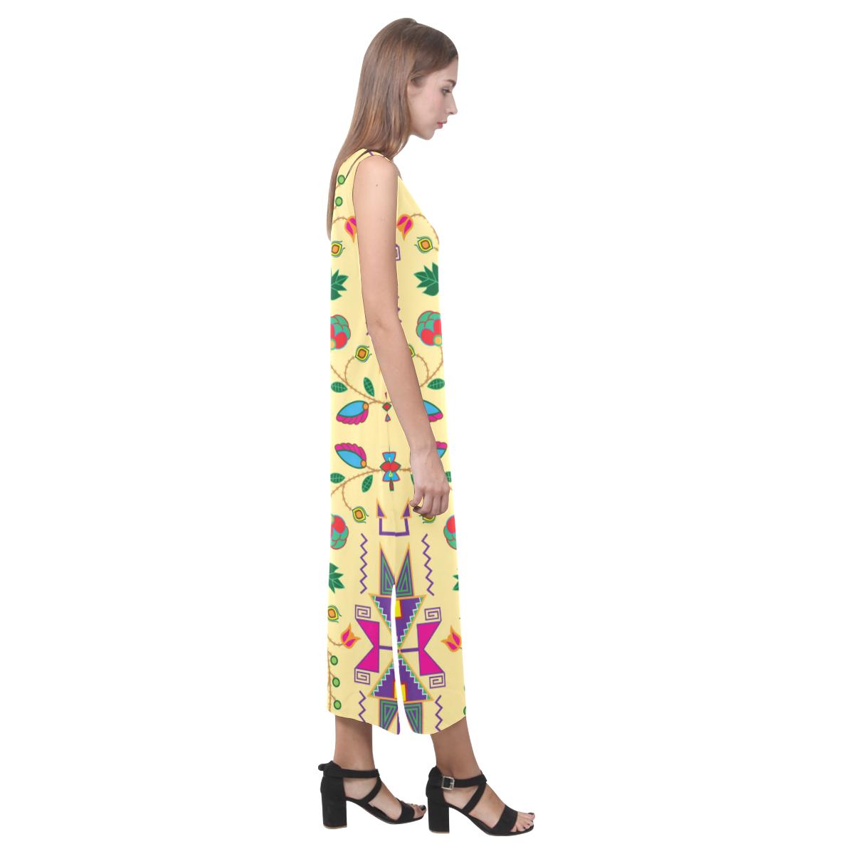 Geometric Floral Fall - Vanilla Phaedra Sleeveless Open Fork Long Dress (Model D08) Phaedra Sleeveless Open Fork Long Dress (D08) e-joyer