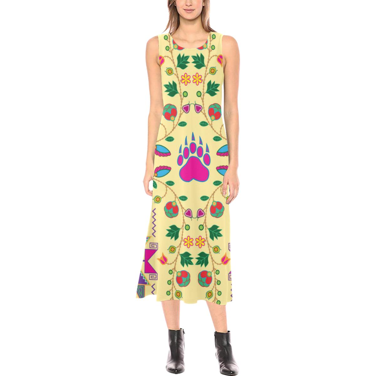 Geometric Floral Fall - Vanilla Phaedra Sleeveless Open Fork Long Dress (Model D08) Phaedra Sleeveless Open Fork Long Dress (D08) e-joyer