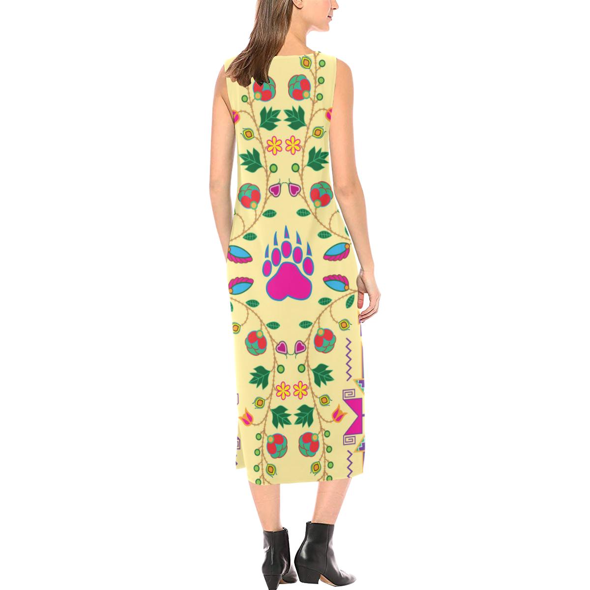 Geometric Floral Fall - Vanilla Phaedra Sleeveless Open Fork Long Dress (Model D08) Phaedra Sleeveless Open Fork Long Dress (D08) e-joyer