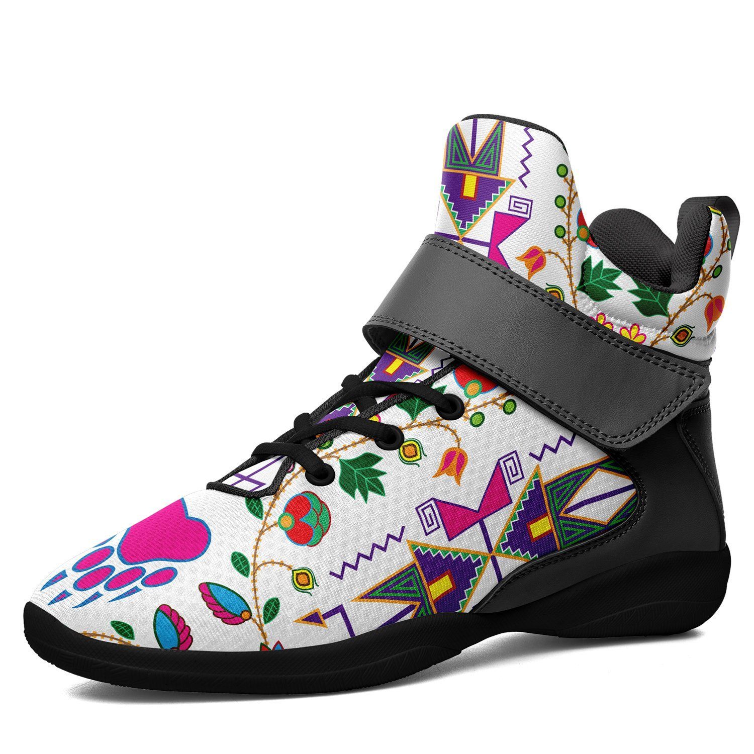 Geometric Floral Fall White Kid's Ipottaa Basketball / Sport High Top Shoes 49 Dzine US Women 4.5 / US Youth 3.5 / EUR 35 Black Sole with Gray Strap 