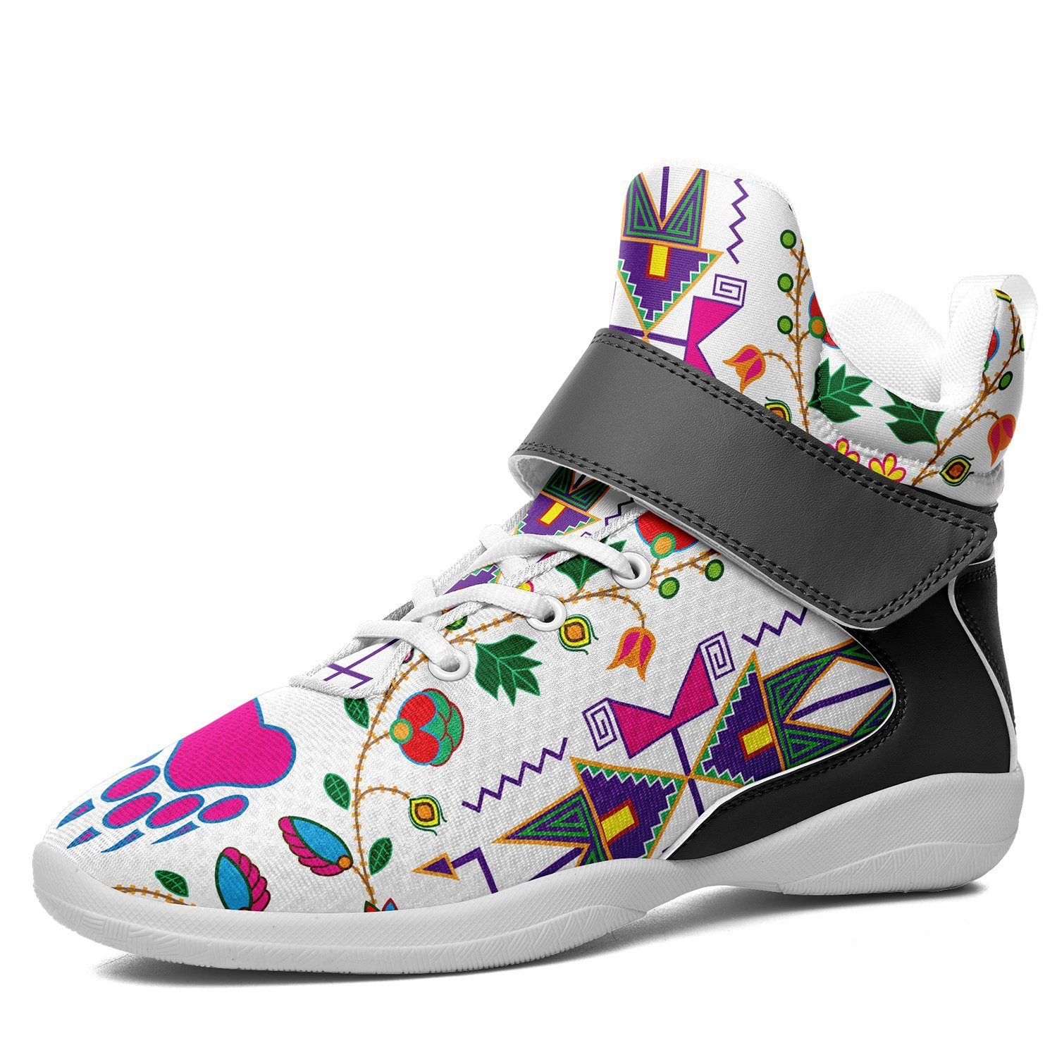 Geometric Floral Fall White Kid's Ipottaa Basketball / Sport High Top Shoes 49 Dzine US Women 4.5 / US Youth 3.5 / EUR 35 White Sole with Gray Strap 