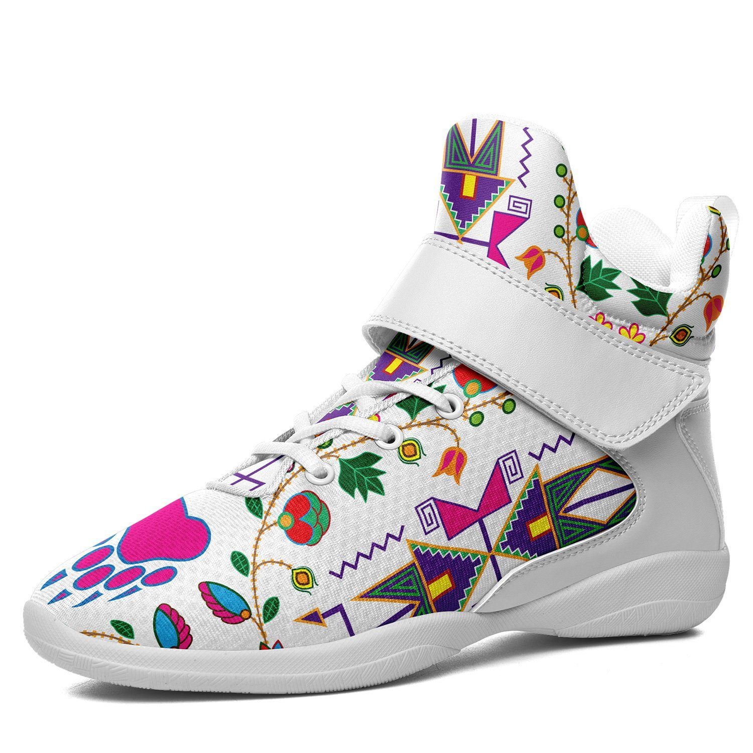 Geometric Floral Fall White Kid's Ipottaa Basketball / Sport High Top Shoes 49 Dzine US Women 4.5 / US Youth 3.5 / EUR 35 White Sole with White Strap 
