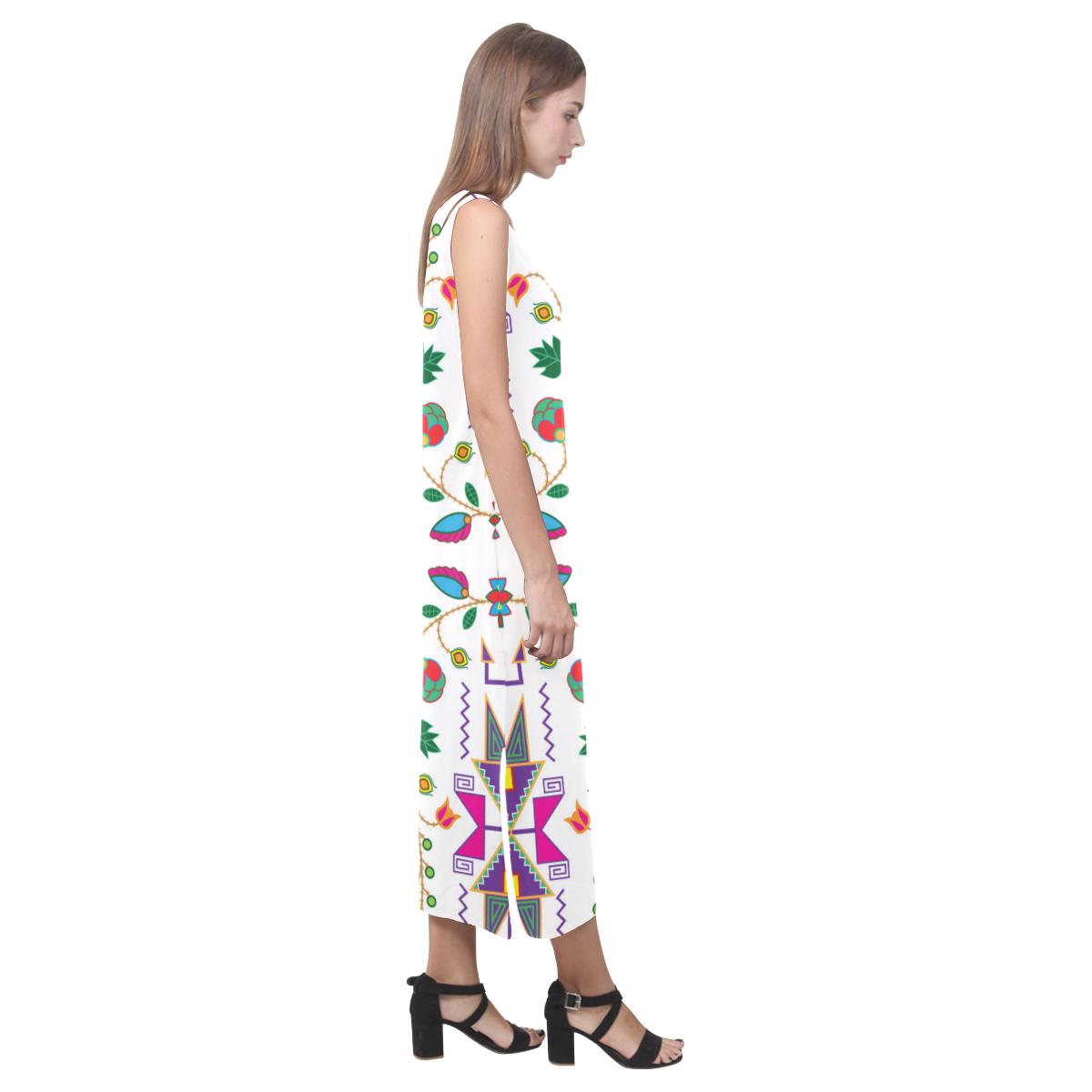 Geometric Floral Fall - White Phaedra Sleeveless Open Fork Long Dress (Model D08) Phaedra Sleeveless Open Fork Long Dress (D08) e-joyer