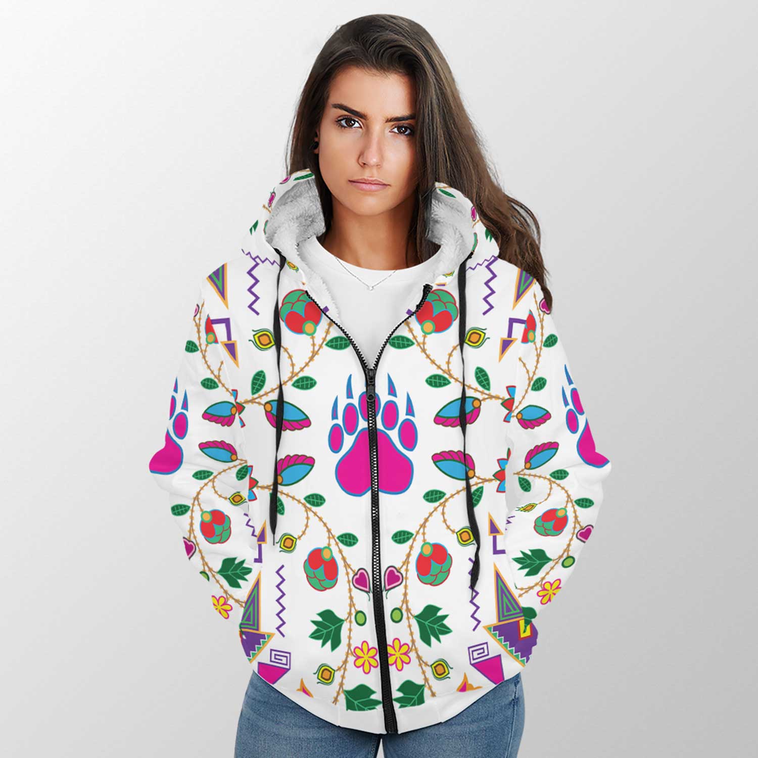 Geometric Floral Fall White Sherpa Hoodie 49 Dzine