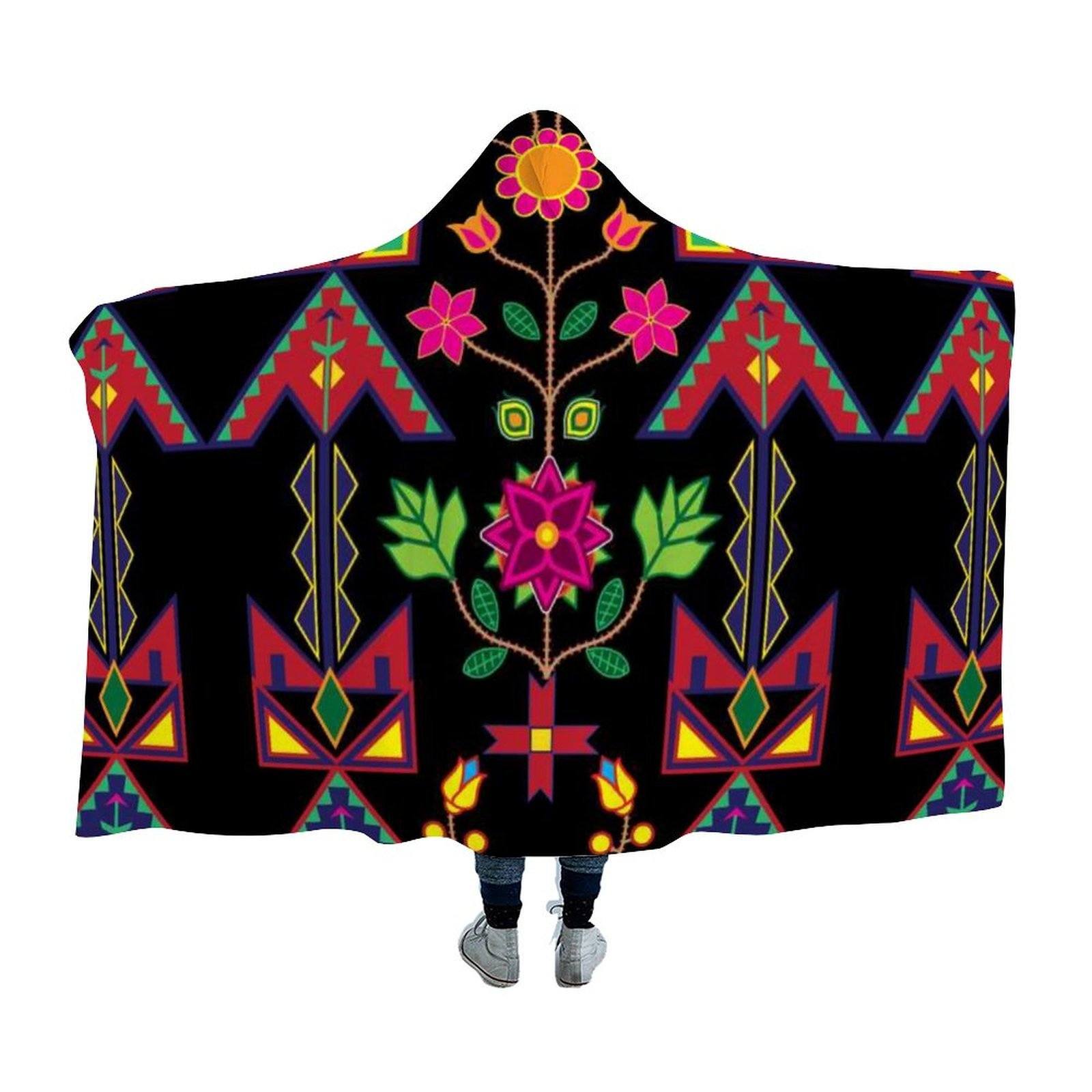 Geometric Floral Spring Black Hooded Blanket 49 Dzine