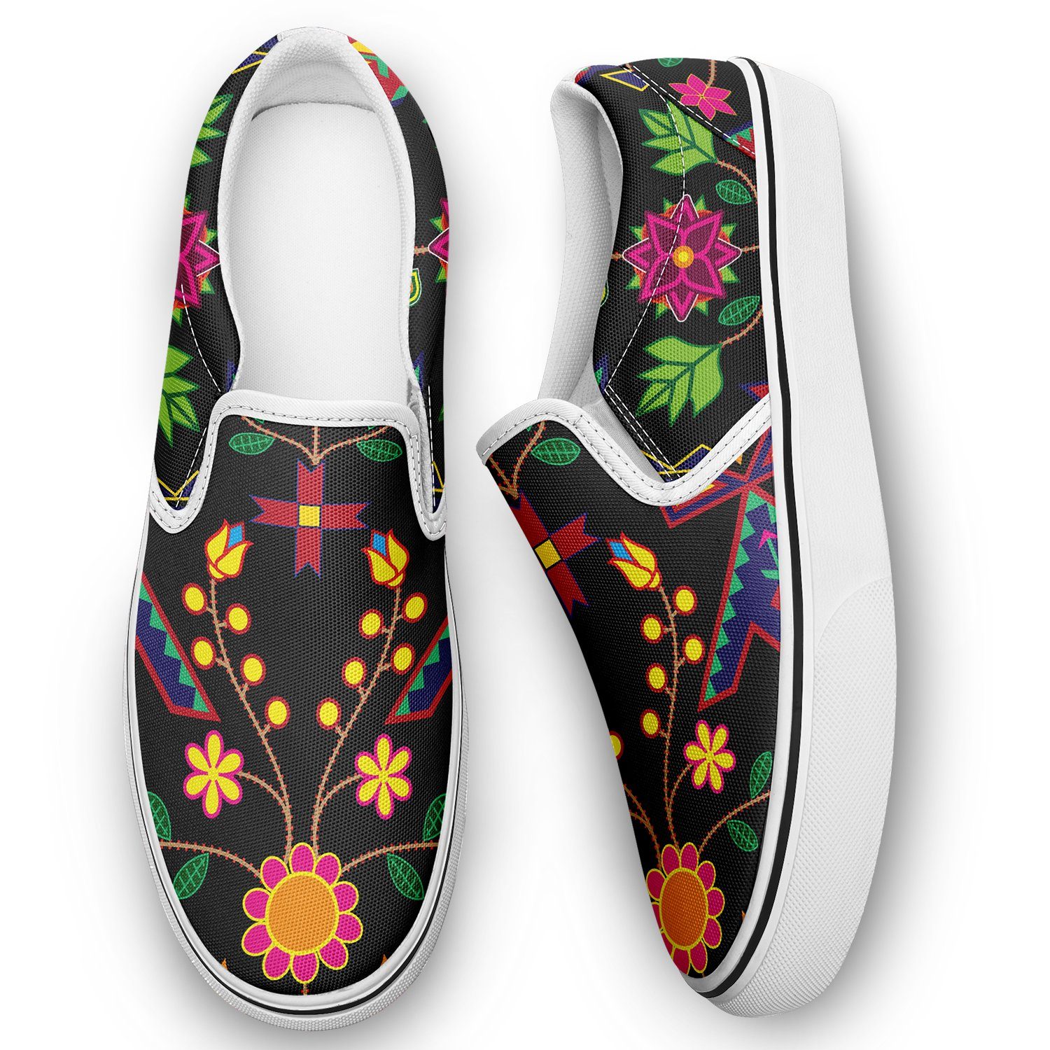 Geometric Floral Spring Black Otoyimm Kid's Canvas Slip On Shoes otoyimm Herman