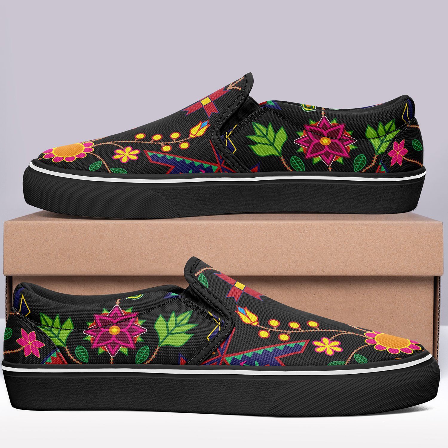 Geometric Floral Spring Black Otoyimm Kid's Canvas Slip On Shoes otoyimm Herman