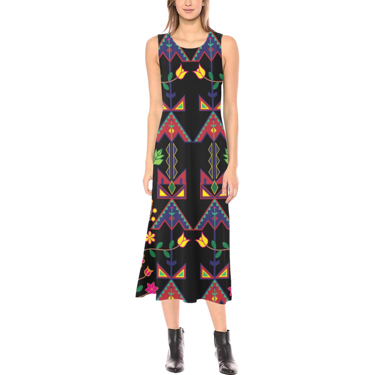 Geometric Floral Spring - Black Phaedra Sleeveless Open Fork Long Dress (Model D08) Phaedra Sleeveless Open Fork Long Dress (D08) e-joyer