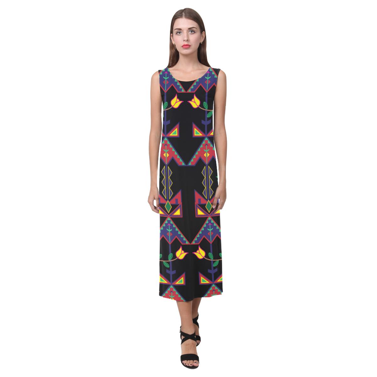 Geometric Floral Spring - Black Phaedra Sleeveless Open Fork Long Dress (Model D08) Phaedra Sleeveless Open Fork Long Dress (D08) e-joyer
