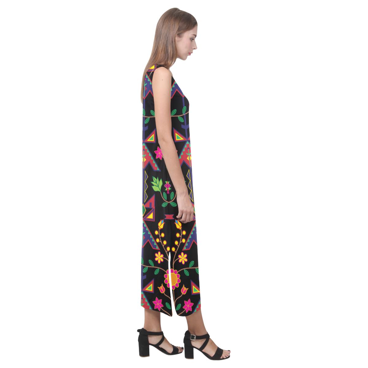 Geometric Floral Spring - Black Phaedra Sleeveless Open Fork Long Dress (Model D08) Phaedra Sleeveless Open Fork Long Dress (D08) e-joyer