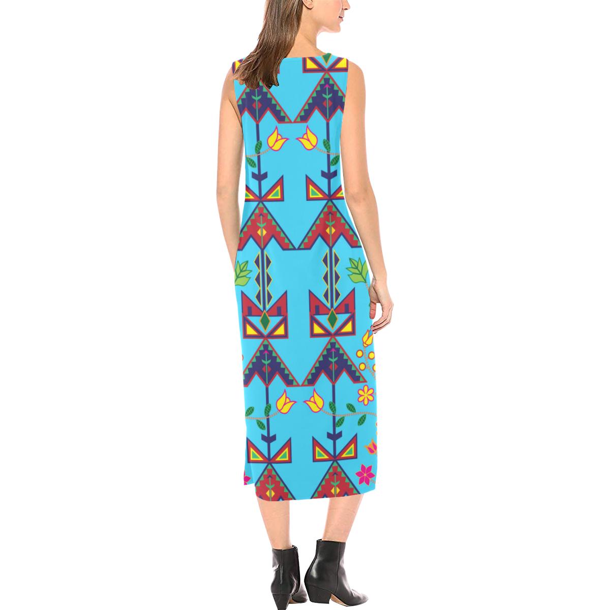 Geometric Floral Spring - Sky Blue Phaedra Sleeveless Open Fork Long Dress (Model D08) Phaedra Sleeveless Open Fork Long Dress (D08) e-joyer