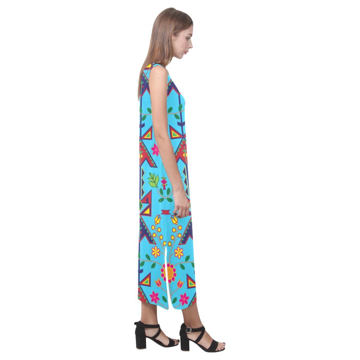 Geometric Floral Spring - Sky Blue Phaedra Sleeveless Open Fork Long Dress (Model D08) Phaedra Sleeveless Open Fork Long Dress (D08) e-joyer