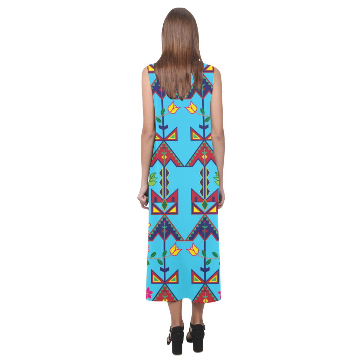 Geometric Floral Spring - Sky Blue Phaedra Sleeveless Open Fork Long Dress (Model D08) Phaedra Sleeveless Open Fork Long Dress (D08) e-joyer