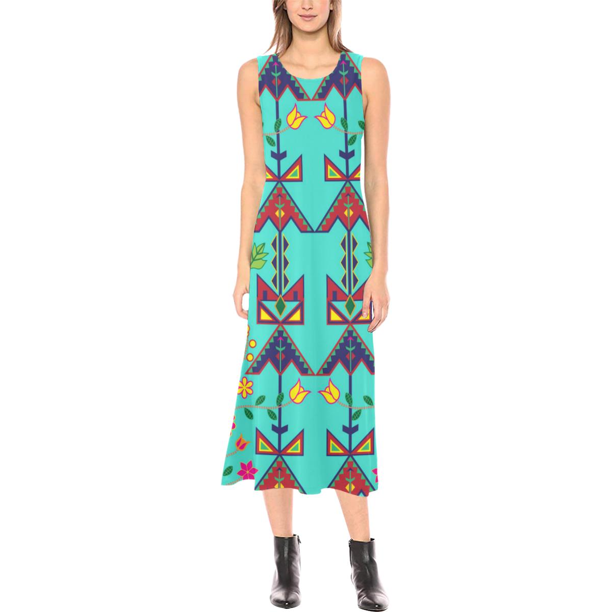 Geometric Floral Spring - Sky Phaedra Sleeveless Open Fork Long Dress (Model D08) Phaedra Sleeveless Open Fork Long Dress (D08) e-joyer