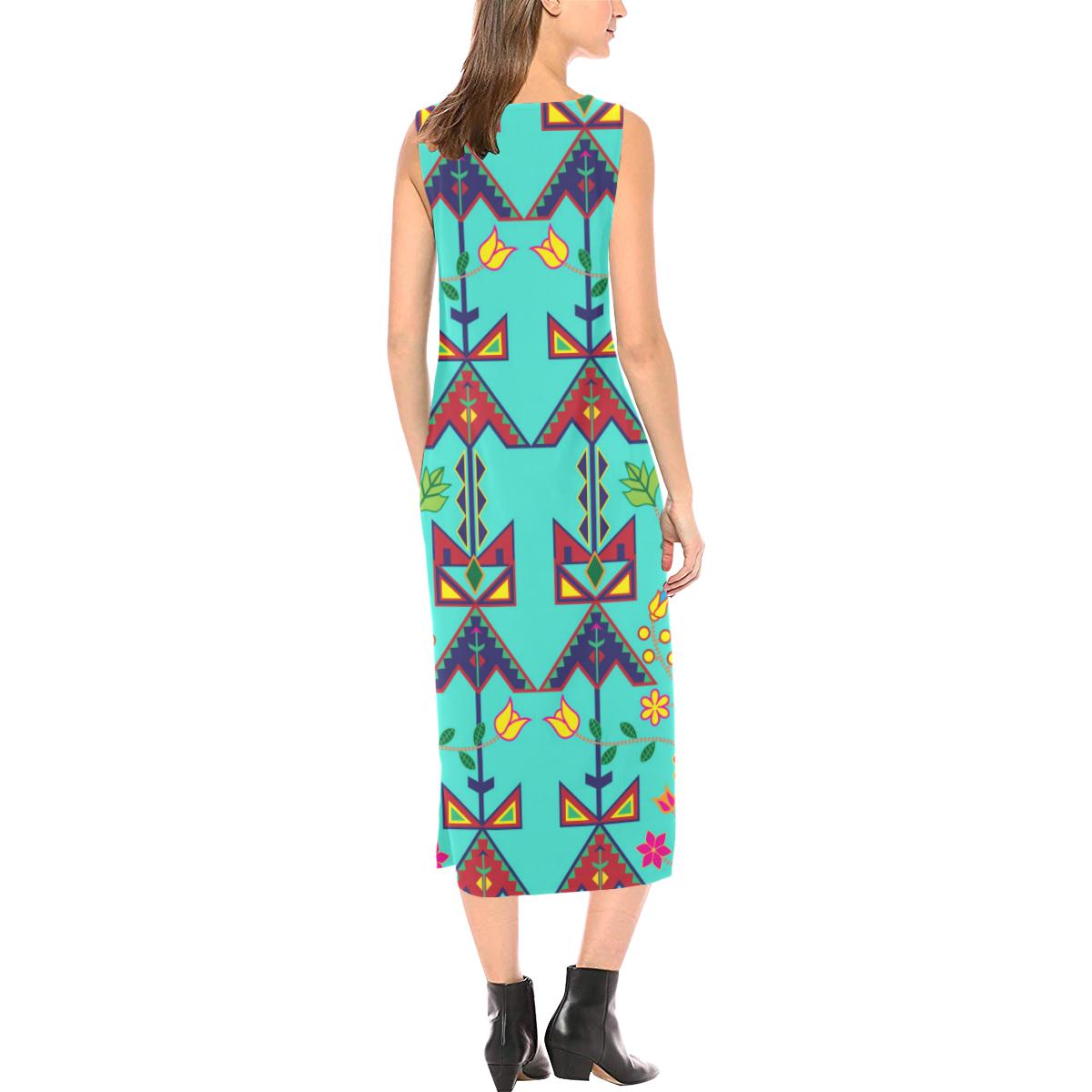 Geometric Floral Spring - Sky Phaedra Sleeveless Open Fork Long Dress (Model D08) Phaedra Sleeveless Open Fork Long Dress (D08) e-joyer