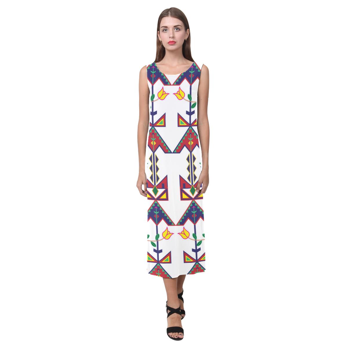 Geometric Floral Spring - White Phaedra Sleeveless Open Fork Long Dress (Model D08) Phaedra Sleeveless Open Fork Long Dress (D08) e-joyer