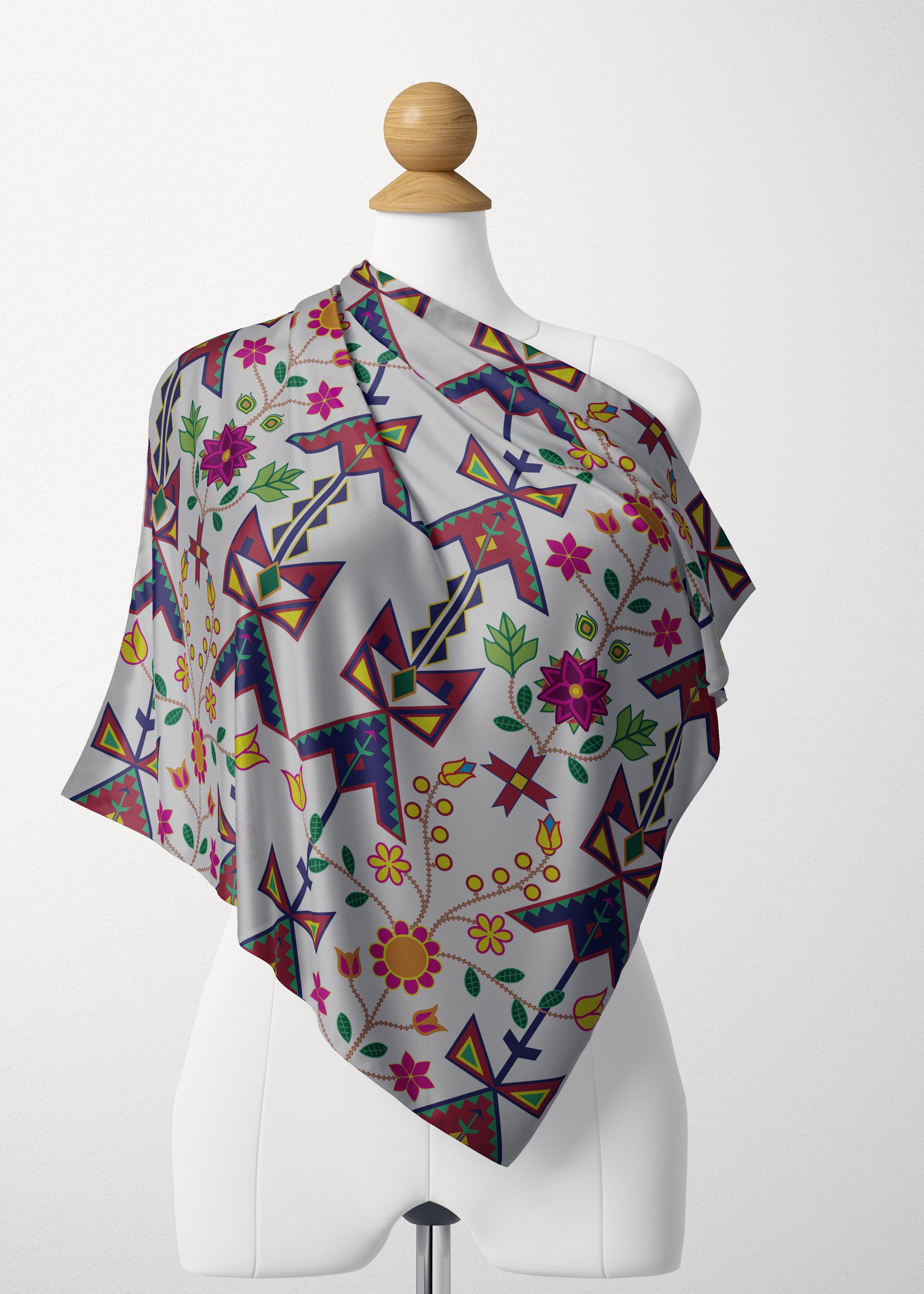 Geometric Floral Spring White Satin Shawl Scarf 49 Dzine