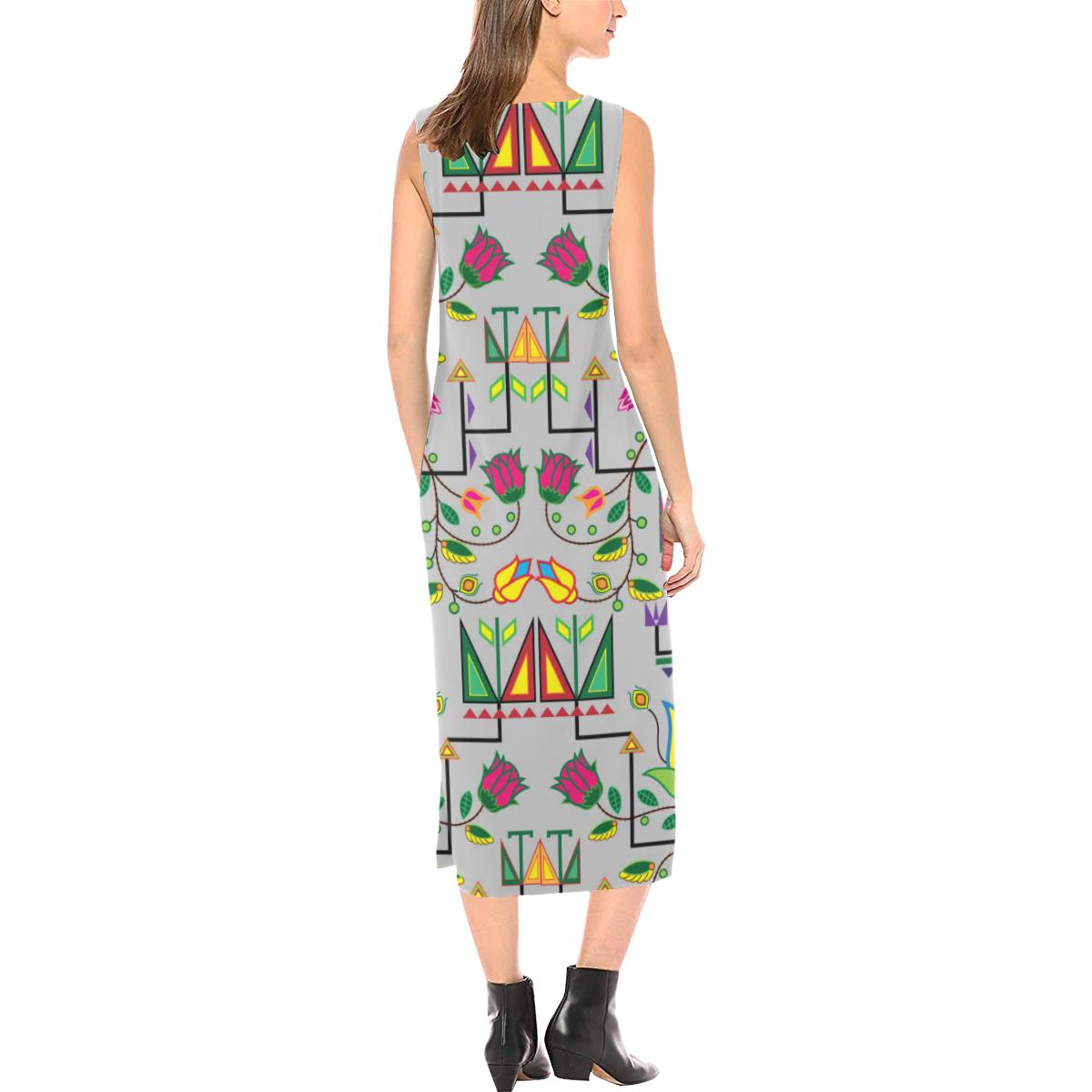 Geometric Floral Summer - Gray Phaedra Sleeveless Open Fork Long Dress (Model D08) Phaedra Sleeveless Open Fork Long Dress (D08) e-joyer