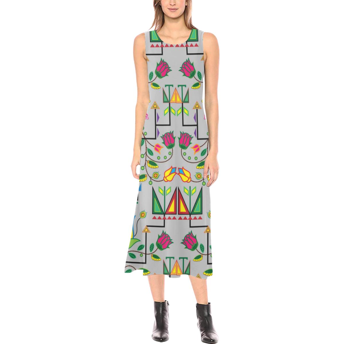 Geometric Floral Summer - Gray Phaedra Sleeveless Open Fork Long Dress (Model D08) Phaedra Sleeveless Open Fork Long Dress (D08) e-joyer