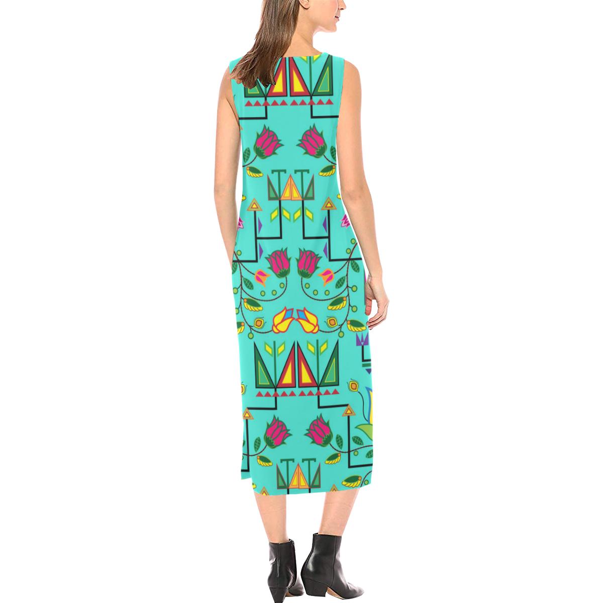 Geometric Floral Summer - Sky Phaedra Sleeveless Open Fork Long Dress (Model D08) Phaedra Sleeveless Open Fork Long Dress (D08) e-joyer