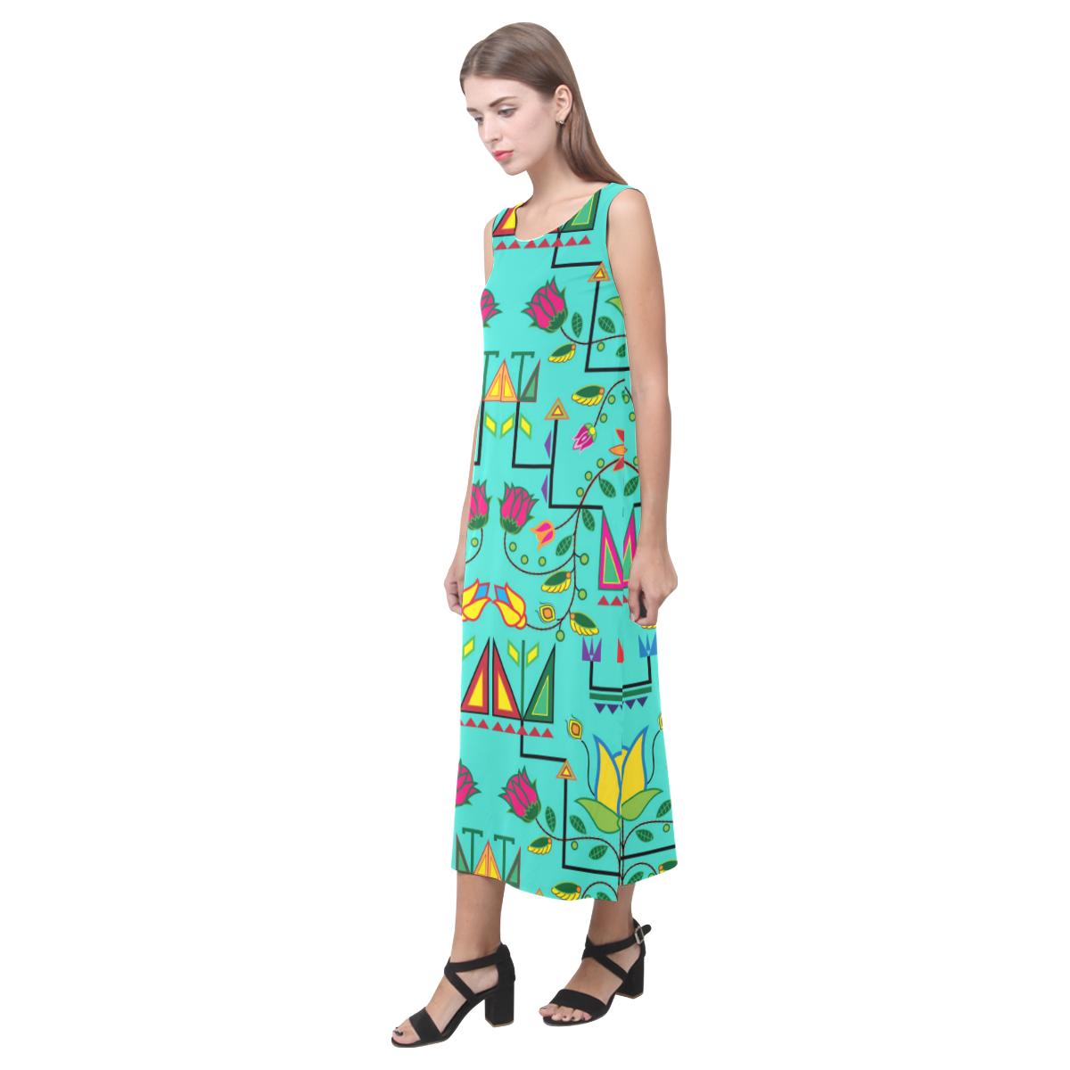 Geometric Floral Summer - Sky Phaedra Sleeveless Open Fork Long Dress (Model D08) Phaedra Sleeveless Open Fork Long Dress (D08) e-joyer
