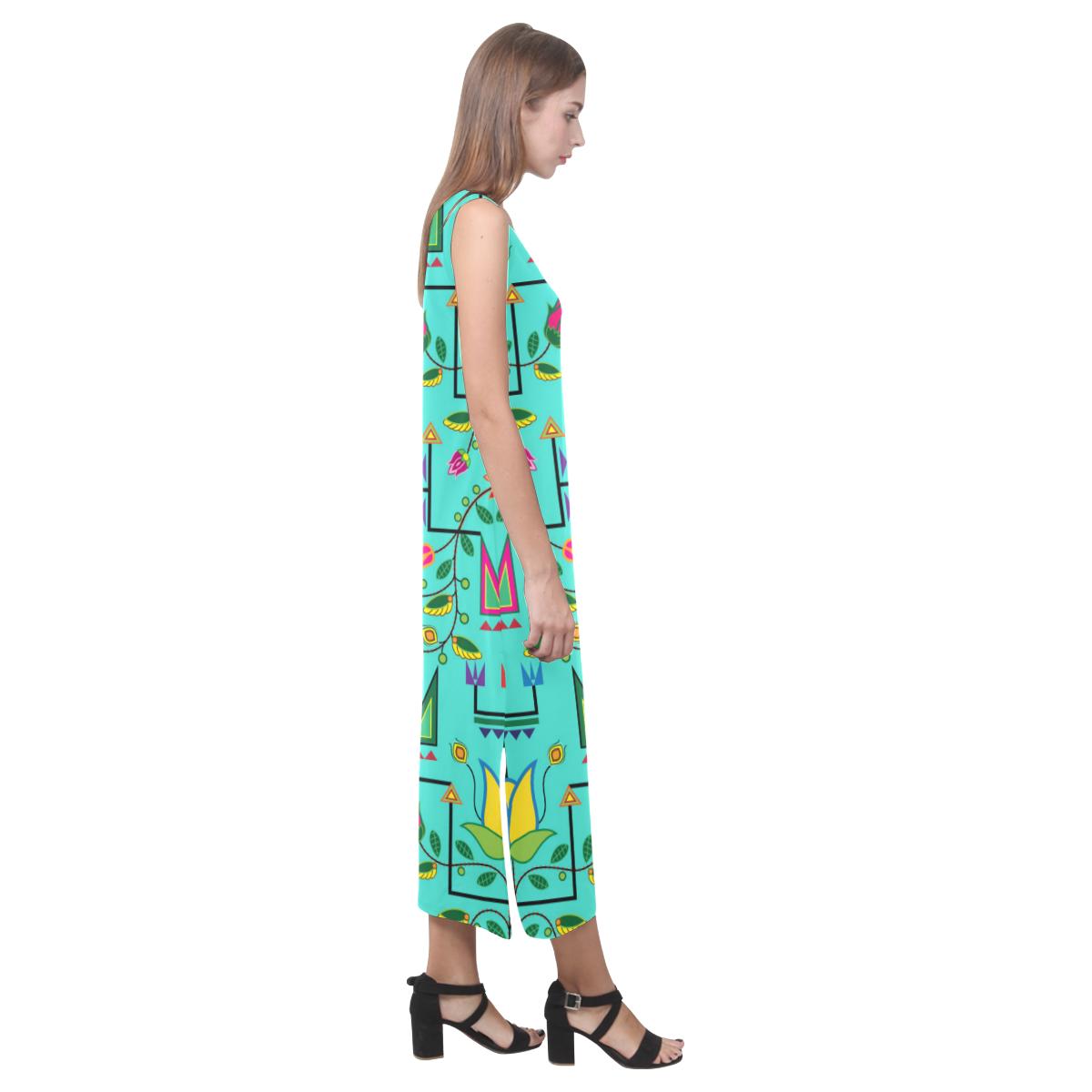 Geometric Floral Summer - Sky Phaedra Sleeveless Open Fork Long Dress (Model D08) Phaedra Sleeveless Open Fork Long Dress (D08) e-joyer
