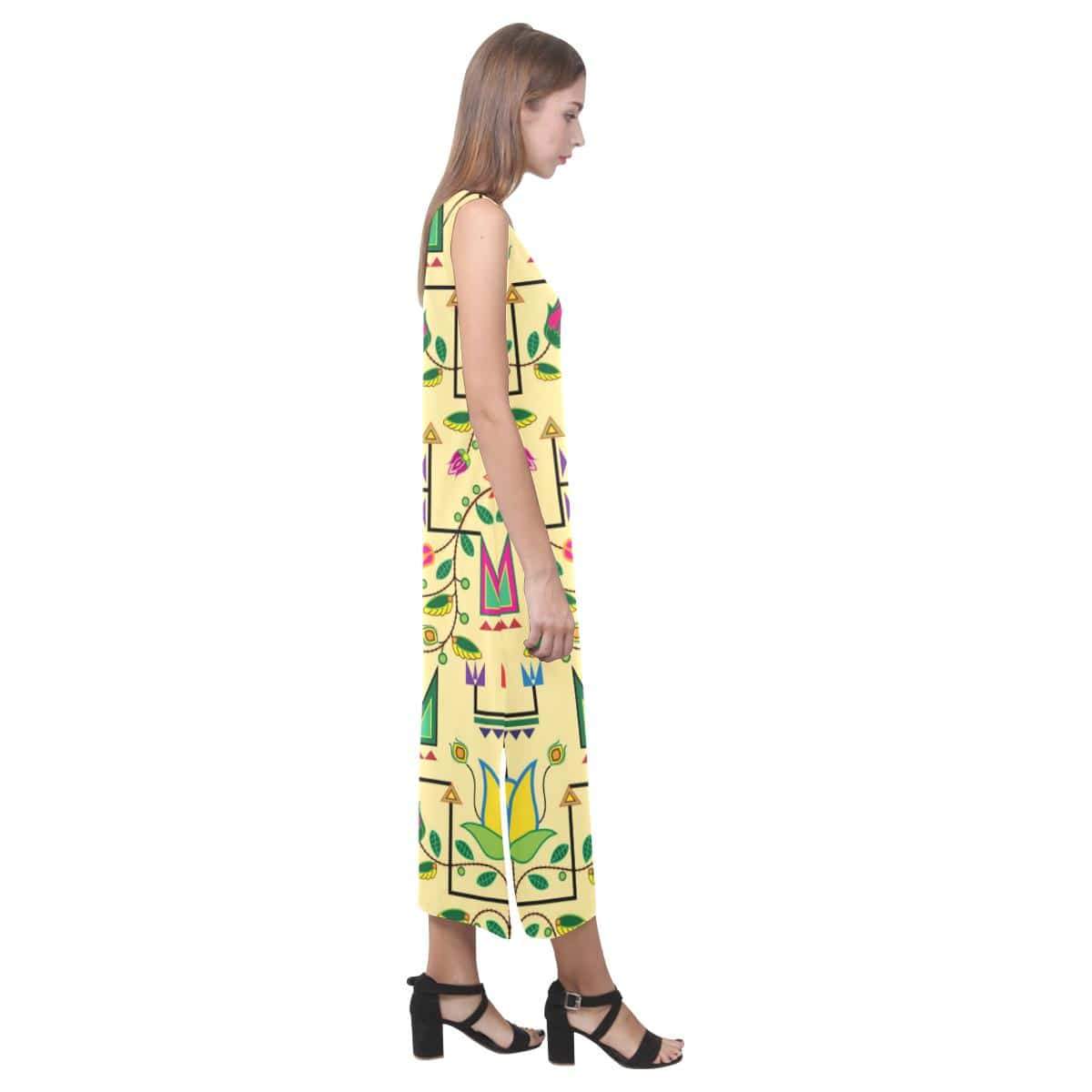 Geometric Floral Summer - Vanilla Phaedra Sleeveless Open Fork Long Dress (Model D08) Phaedra Sleeveless Open Fork Long Dress (D08) e-joyer