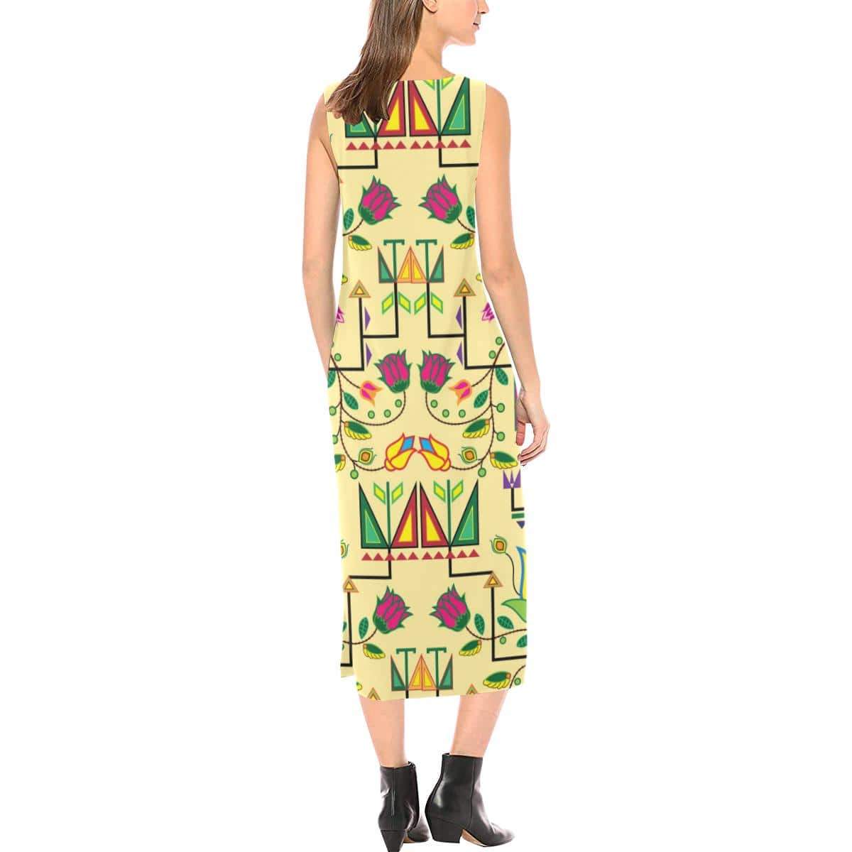 Geometric Floral Summer - Vanilla Phaedra Sleeveless Open Fork Long Dress (Model D08) Phaedra Sleeveless Open Fork Long Dress (D08) e-joyer