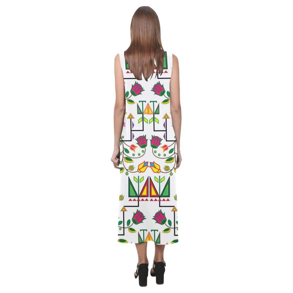 Geometric Floral Summer - White Phaedra Sleeveless Open Fork Long Dress (Model D08) Phaedra Sleeveless Open Fork Long Dress (D08) e-joyer