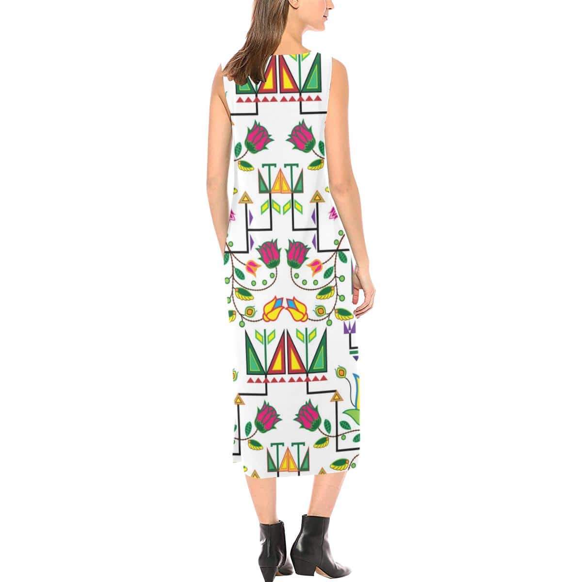 Geometric Floral Summer - White Phaedra Sleeveless Open Fork Long Dress (Model D08) Phaedra Sleeveless Open Fork Long Dress (D08) e-joyer