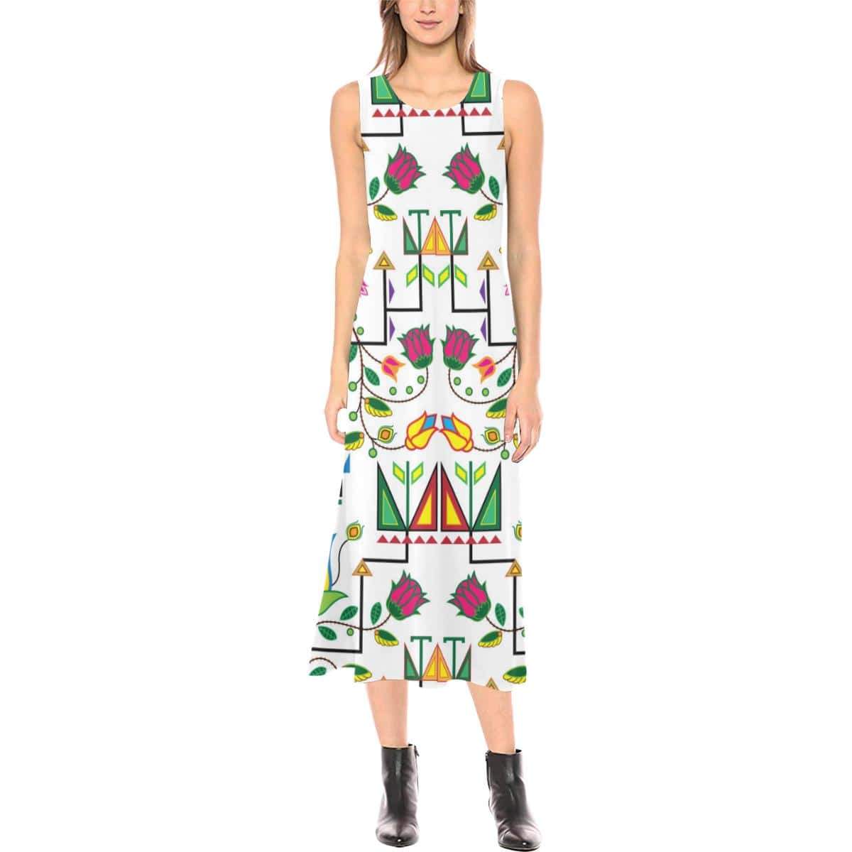 Geometric Floral Summer - White Phaedra Sleeveless Open Fork Long Dress (Model D08) Phaedra Sleeveless Open Fork Long Dress (D08) e-joyer