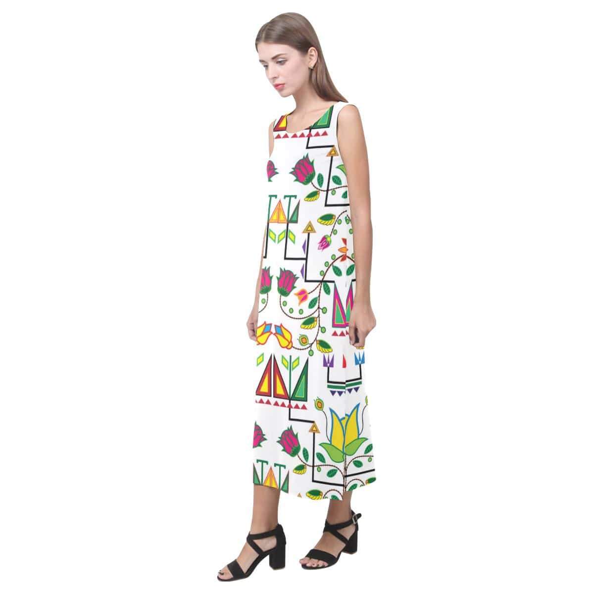 Geometric Floral Summer - White Phaedra Sleeveless Open Fork Long Dress (Model D08) Phaedra Sleeveless Open Fork Long Dress (D08) e-joyer