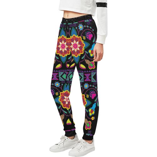 Geometric Floral Winter-Black Women's All Over Print Sweatpants (Model L11) Women's All Over Print Sweatpants (L11) e-joyer