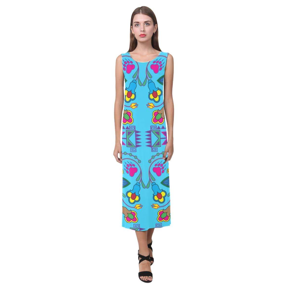 Geometric Floral Winter - Sky Blue Phaedra Sleeveless Open Fork Long Dress (Model D08) Phaedra Sleeveless Open Fork Long Dress (D08) e-joyer