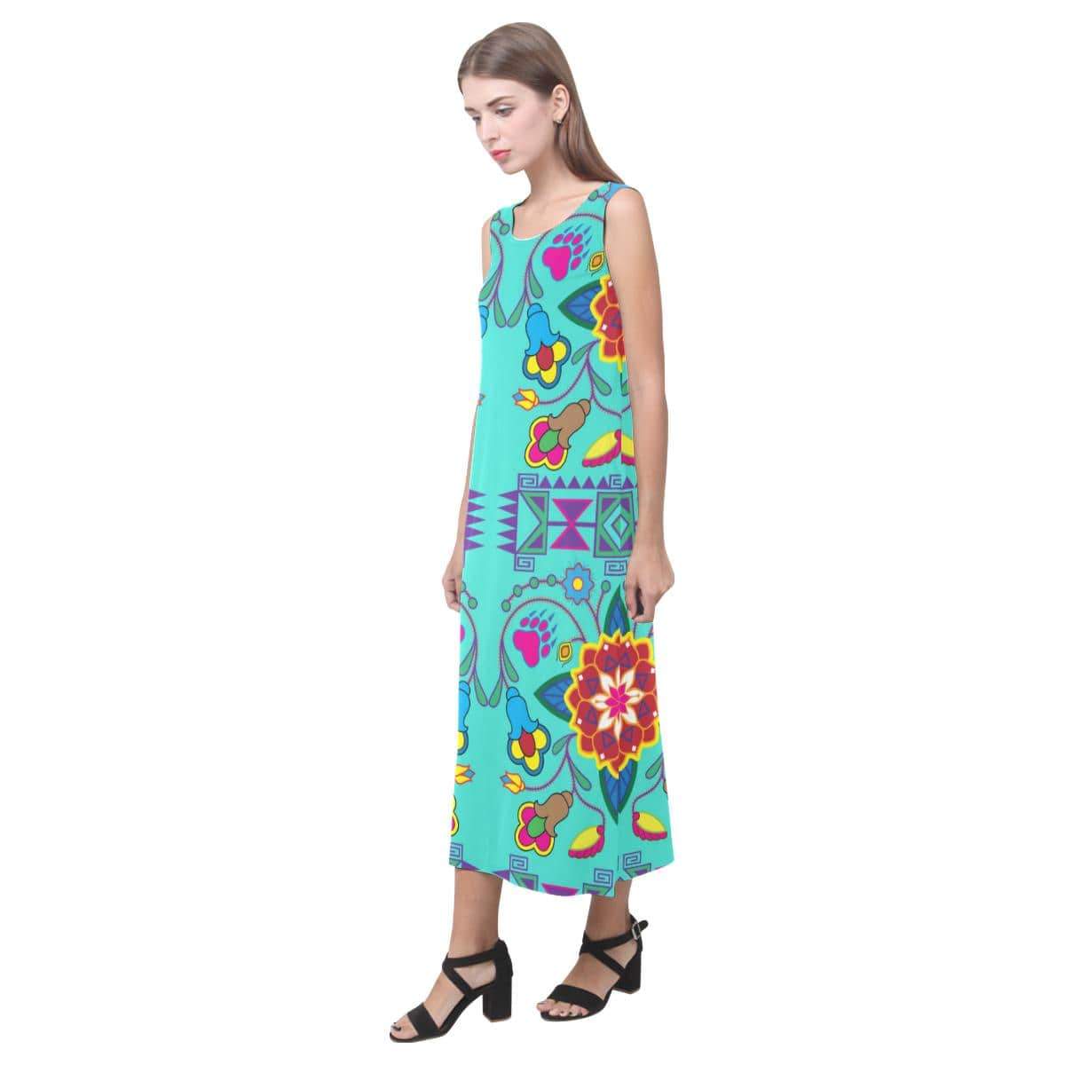 Geometric Floral Winter - Sky Phaedra Sleeveless Open Fork Long Dress (Model D08) Phaedra Sleeveless Open Fork Long Dress (D08) e-joyer