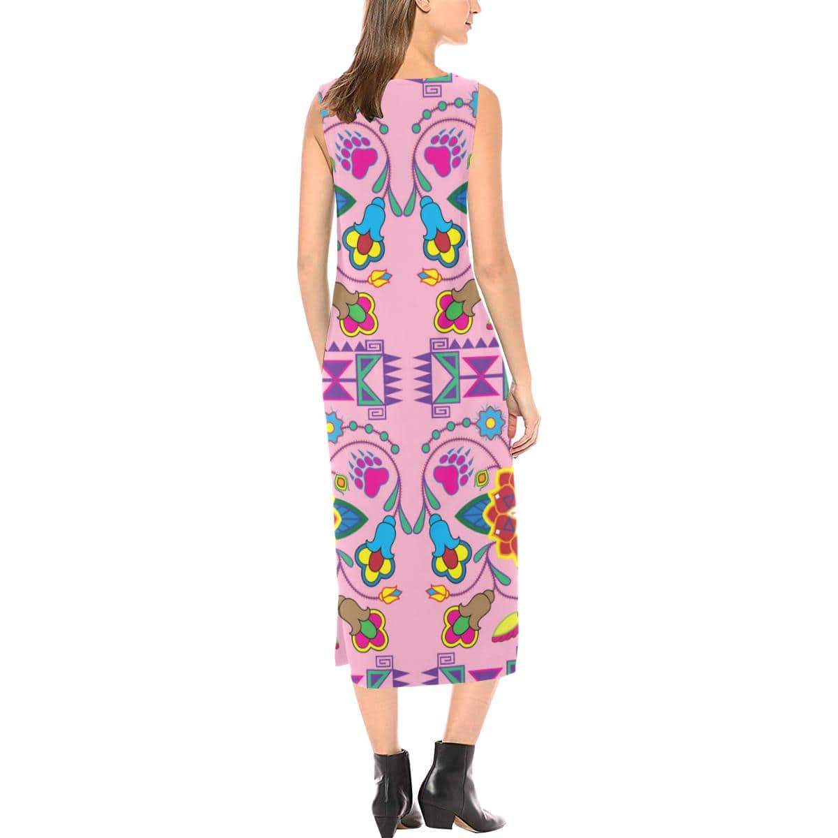 Geometric Floral Winter - Sunset Phaedra Sleeveless Open Fork Long Dress (Model D08) Phaedra Sleeveless Open Fork Long Dress (D08) e-joyer