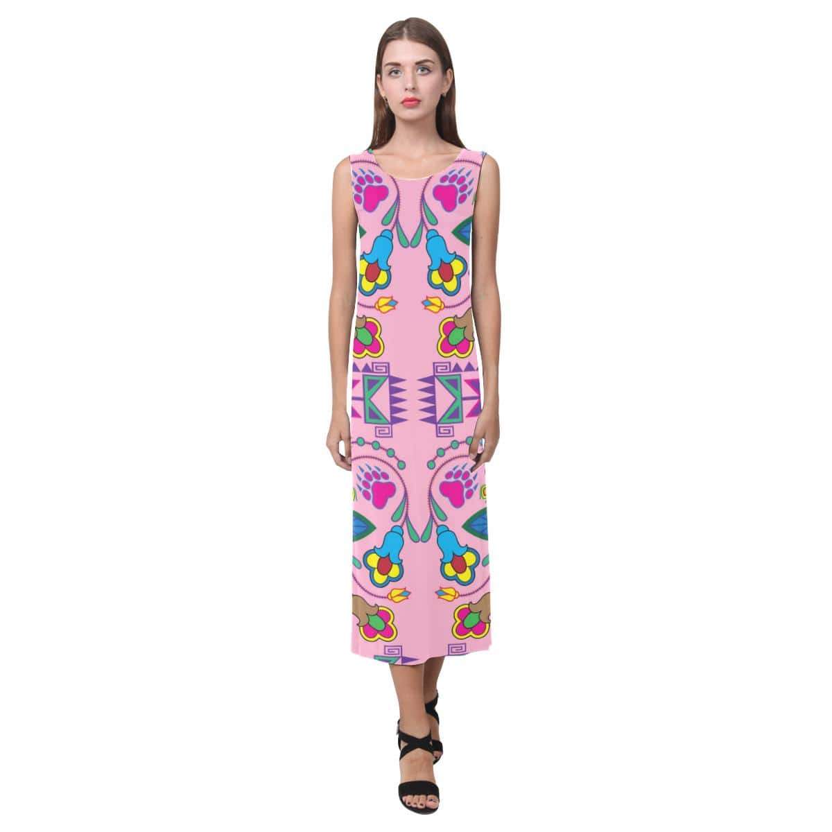 Geometric Floral Winter - Sunset Phaedra Sleeveless Open Fork Long Dress (Model D08) Phaedra Sleeveless Open Fork Long Dress (D08) e-joyer