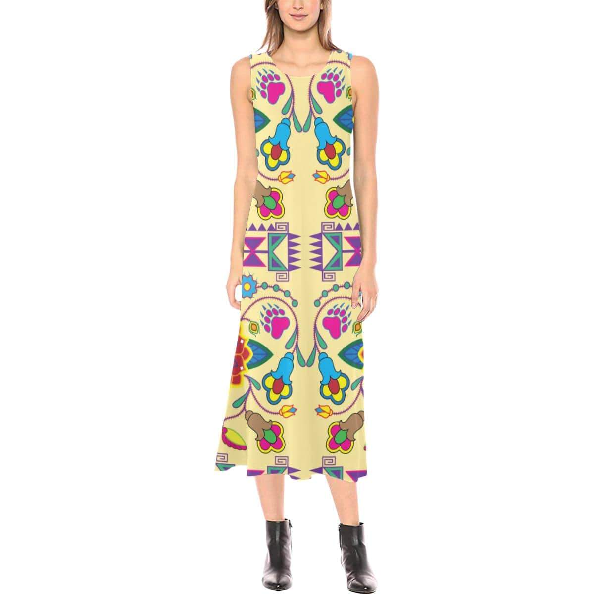Geometric Floral Winter - Vanilla Phaedra Sleeveless Open Fork Long Dress (Model D08) Phaedra Sleeveless Open Fork Long Dress (D08) e-joyer