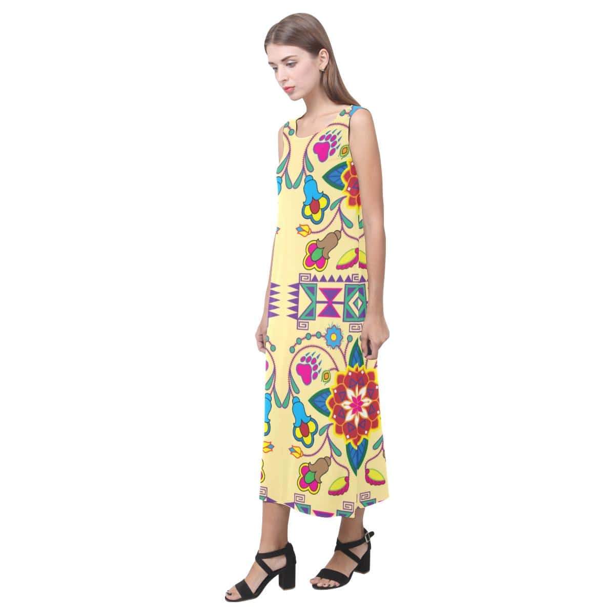 Geometric Floral Winter - Vanilla Phaedra Sleeveless Open Fork Long Dress (Model D08) Phaedra Sleeveless Open Fork Long Dress (D08) e-joyer