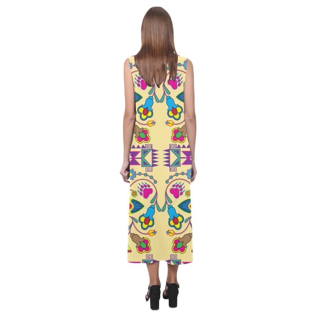 Geometric Floral Winter - Vanilla Phaedra Sleeveless Open Fork Long Dress (Model D08) Phaedra Sleeveless Open Fork Long Dress (D08) e-joyer