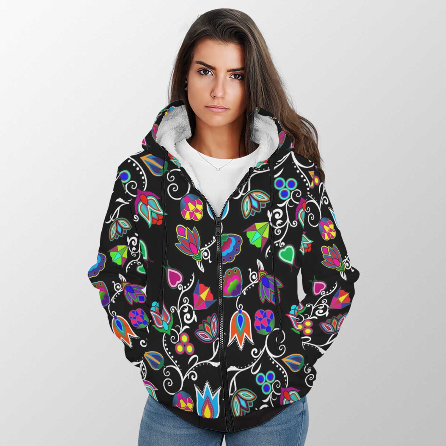 Indigenous Paisley Black Sherpa Hoodie 49 Dzine