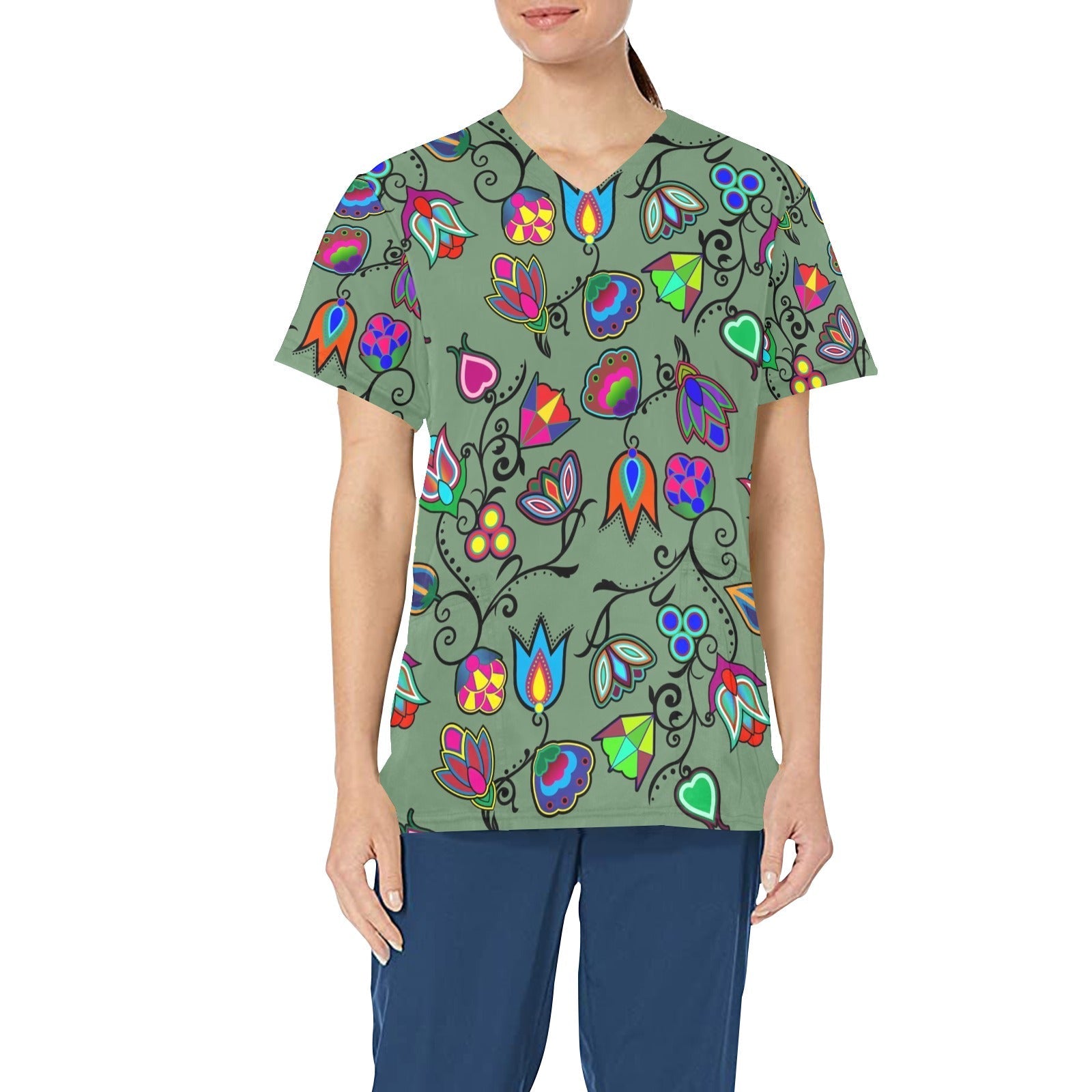 Indigenous Paisley Dark Sea All Over Print Scrub Top Scrub Top e-joyer