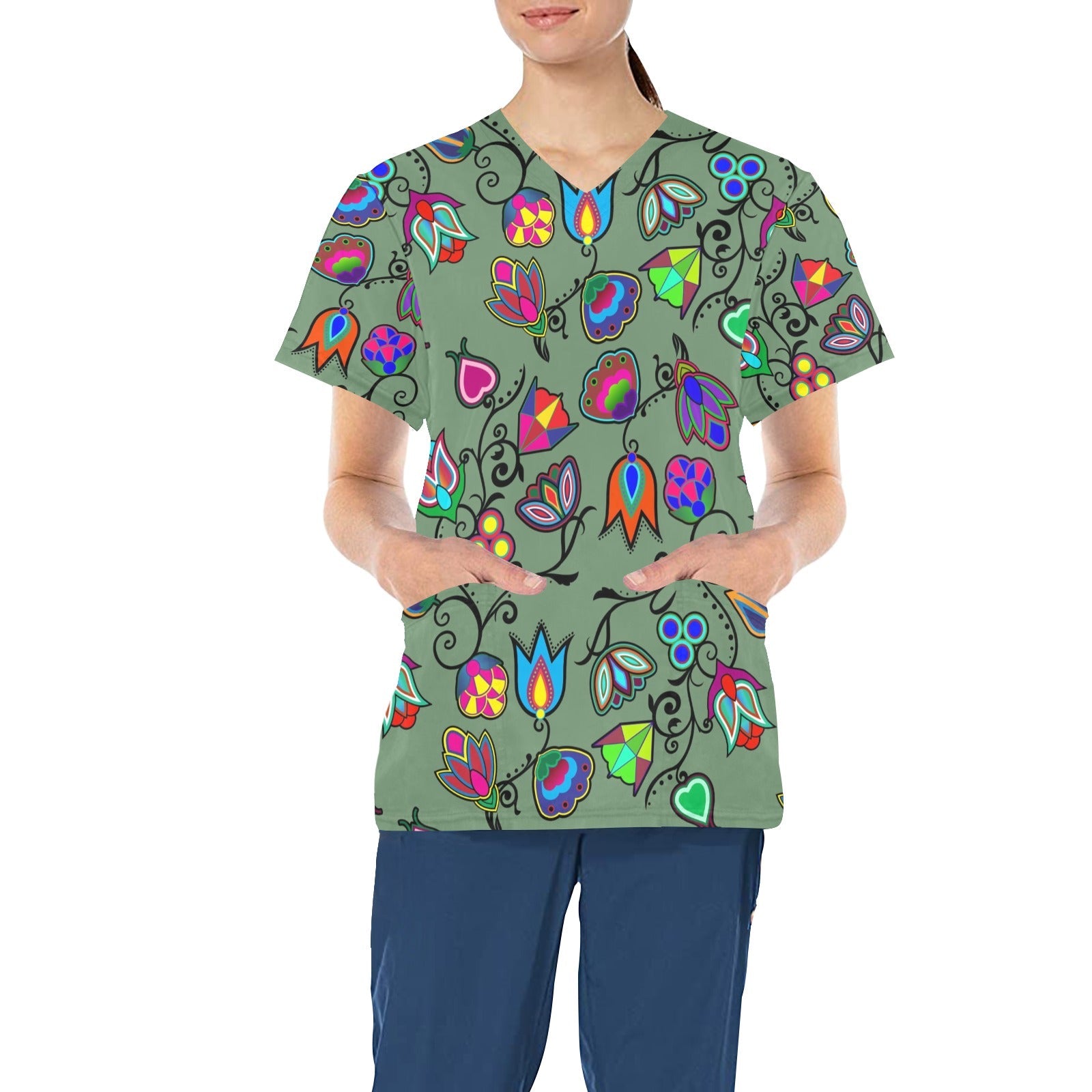 Indigenous Paisley Dark Sea All Over Print Scrub Top Scrub Top e-joyer