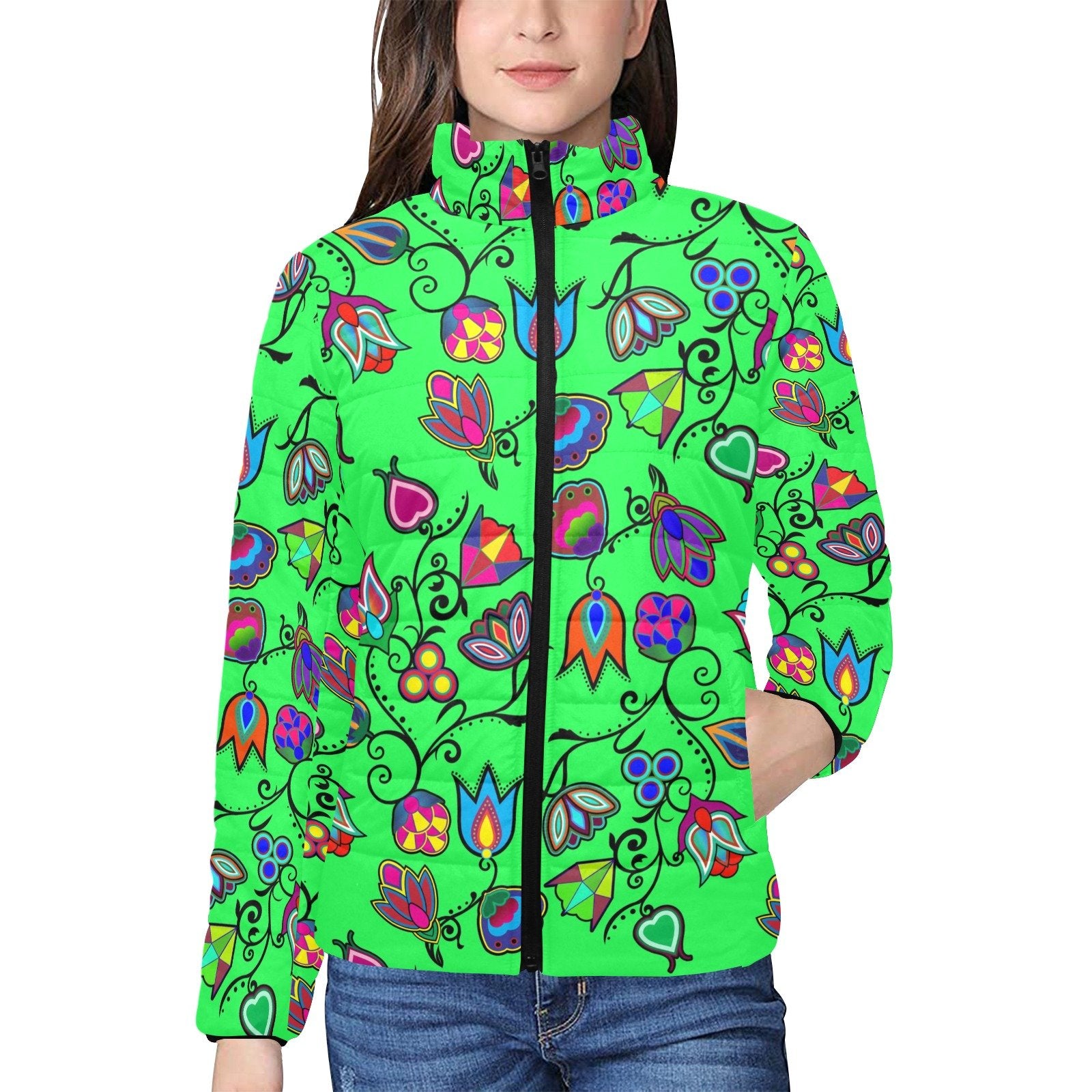 Indigenous Paisley Green Women's Stand Collar Padded Jacket (Model H41) jacket e-joyer 