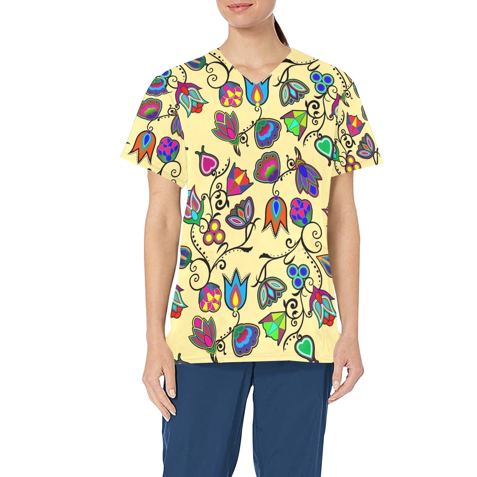 Indigenous Paisley Vanilla All Over Print Scrub Top Scrub Top e-joyer