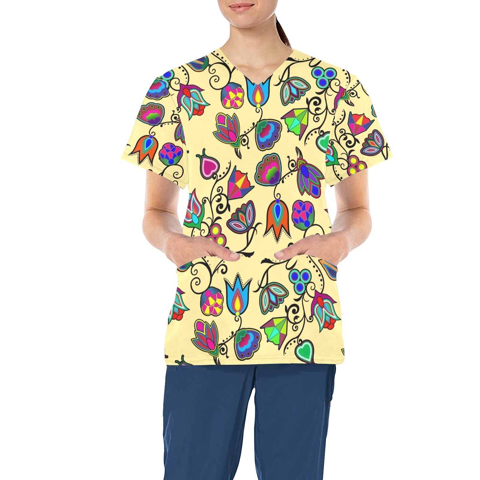 Indigenous Paisley Vanilla All Over Print Scrub Top Scrub Top e-joyer